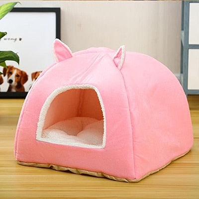 Foldable Dog Bed Self Warming for Indoor Cats Dog House with Removable Mattress Puppy Cage Lounger Grey Pink