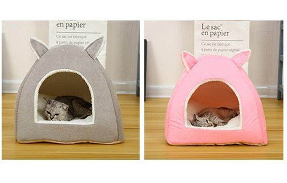 Foldable Dog Bed Self Warming for Indoor Cats Dog House with Removable Mattress Puppy Cage Lounger Grey Pink